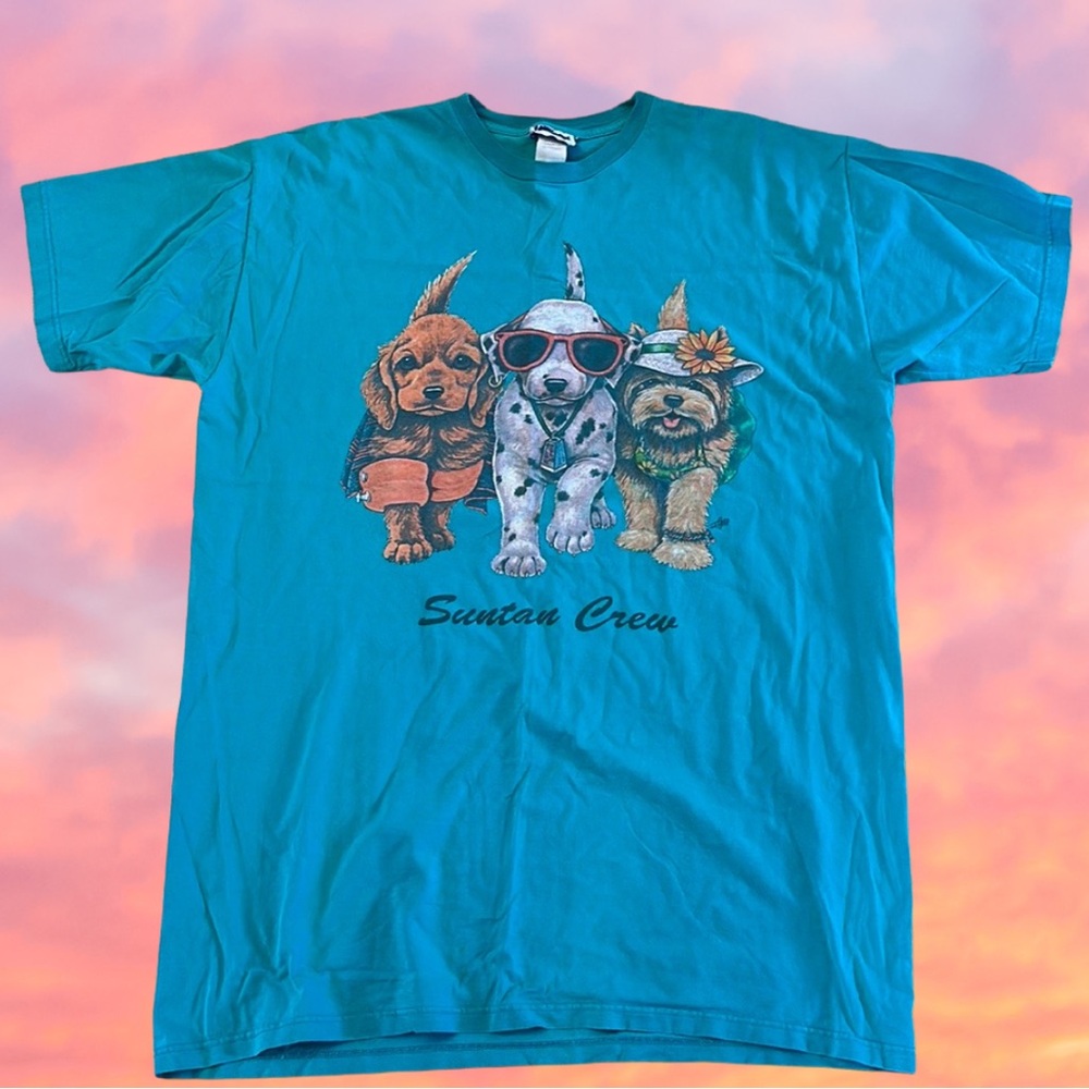 Vintage 90s Teal Blue Suntan Crew Dogs Oversized Tee Swim Cover Up One Size